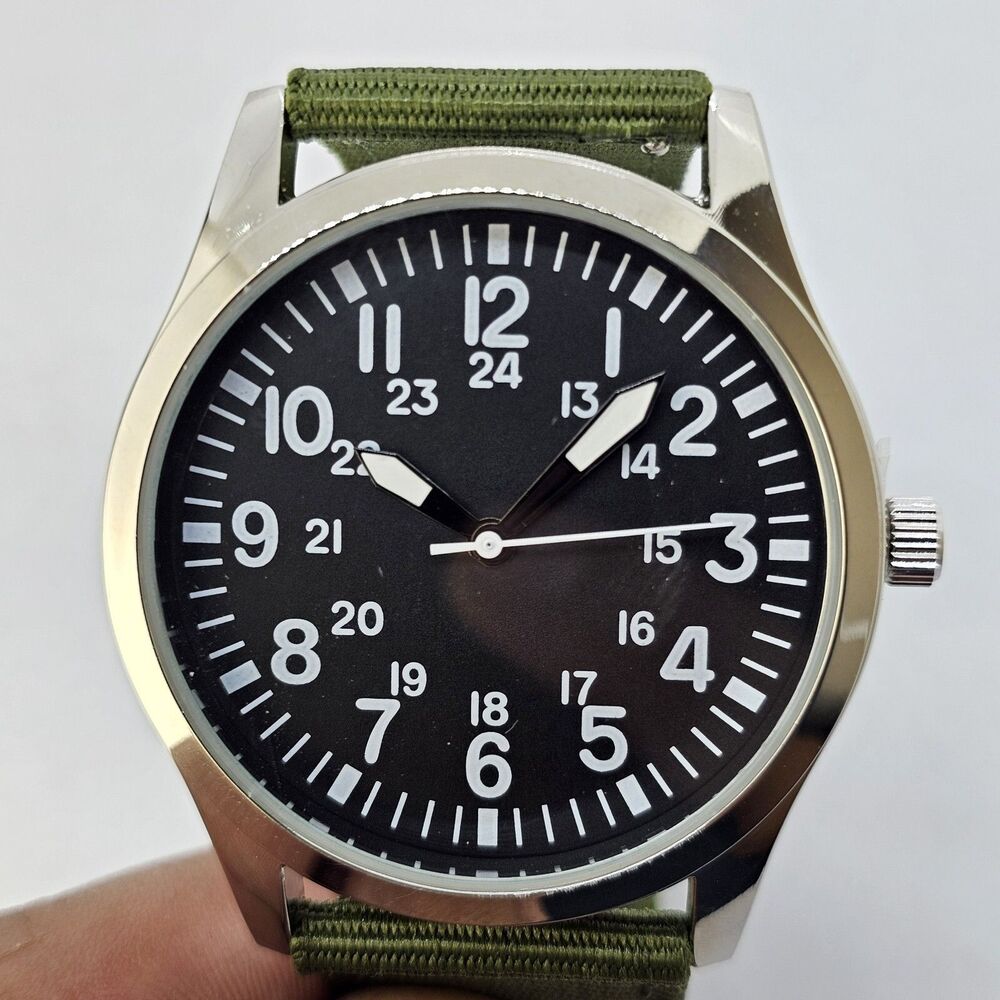 Men's Field Watch 42MM Large Gray Case Black Dial Army Green Canvas‎ Band Straps